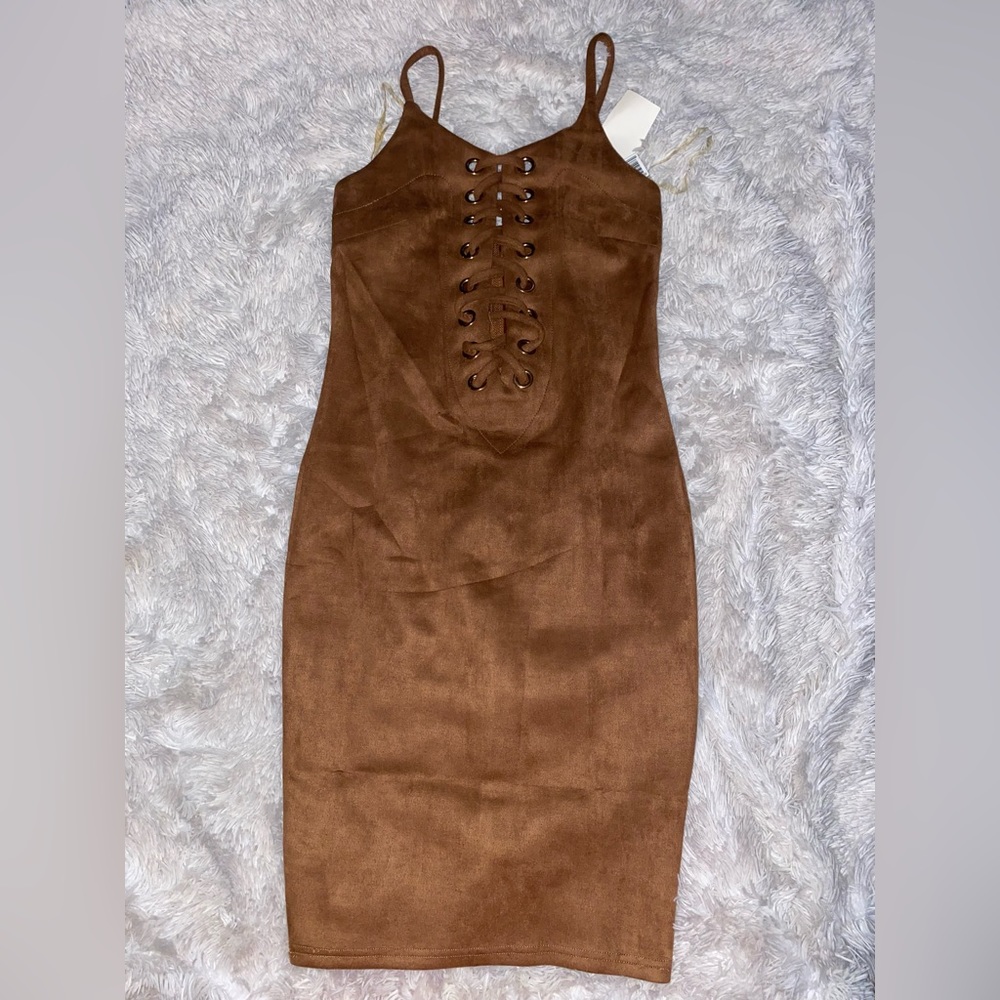Brown lace up suede dress